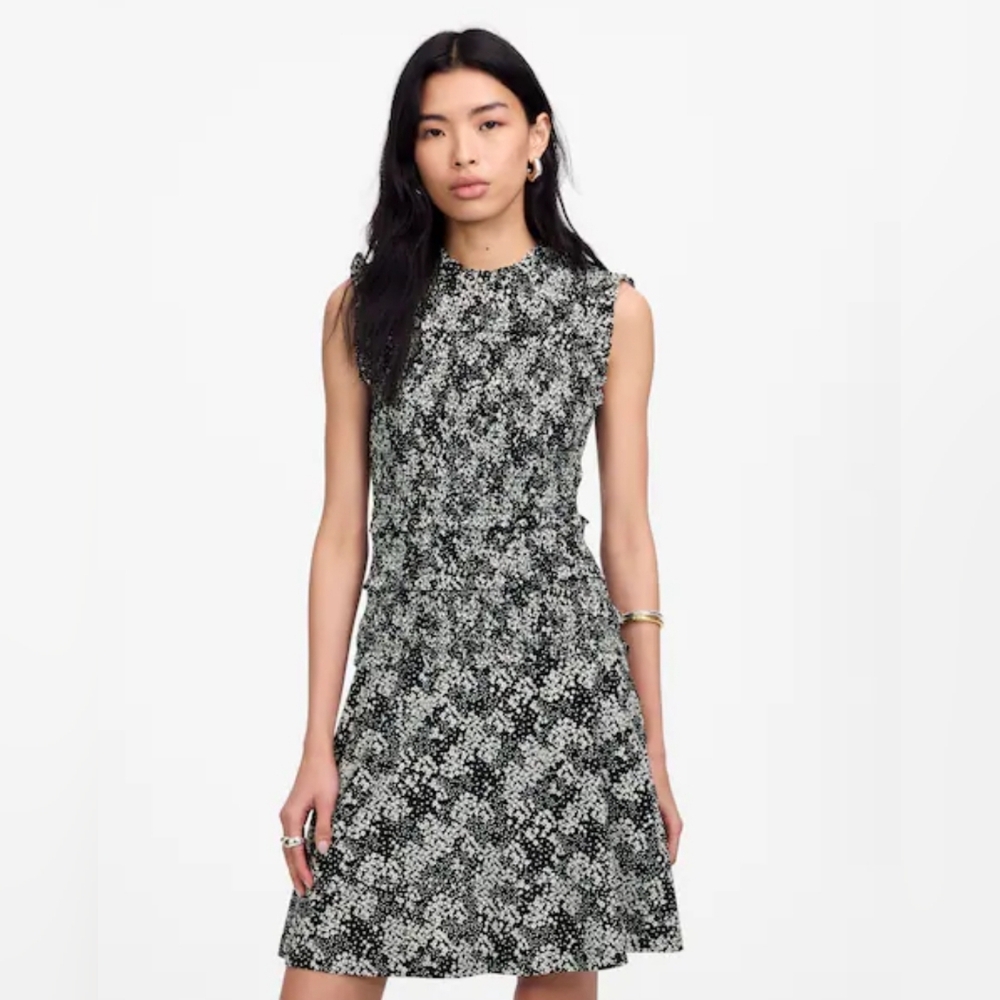 MADEWELL‎ Smocked Crewneck Mini Dress Harper Floral Black and White Womens 6